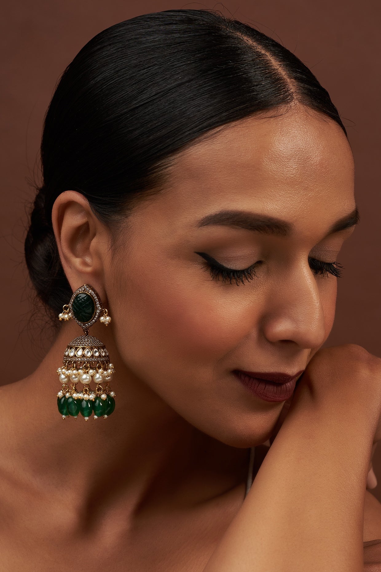 Gold Finish Kundan Polki & Synthetic Emerald Stone Dangler Earrings