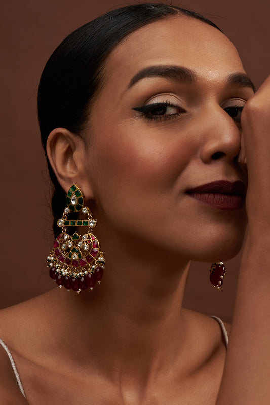 Gold Finish Kundan Polki & Synthetic Ruby Stone Dangler Earrings