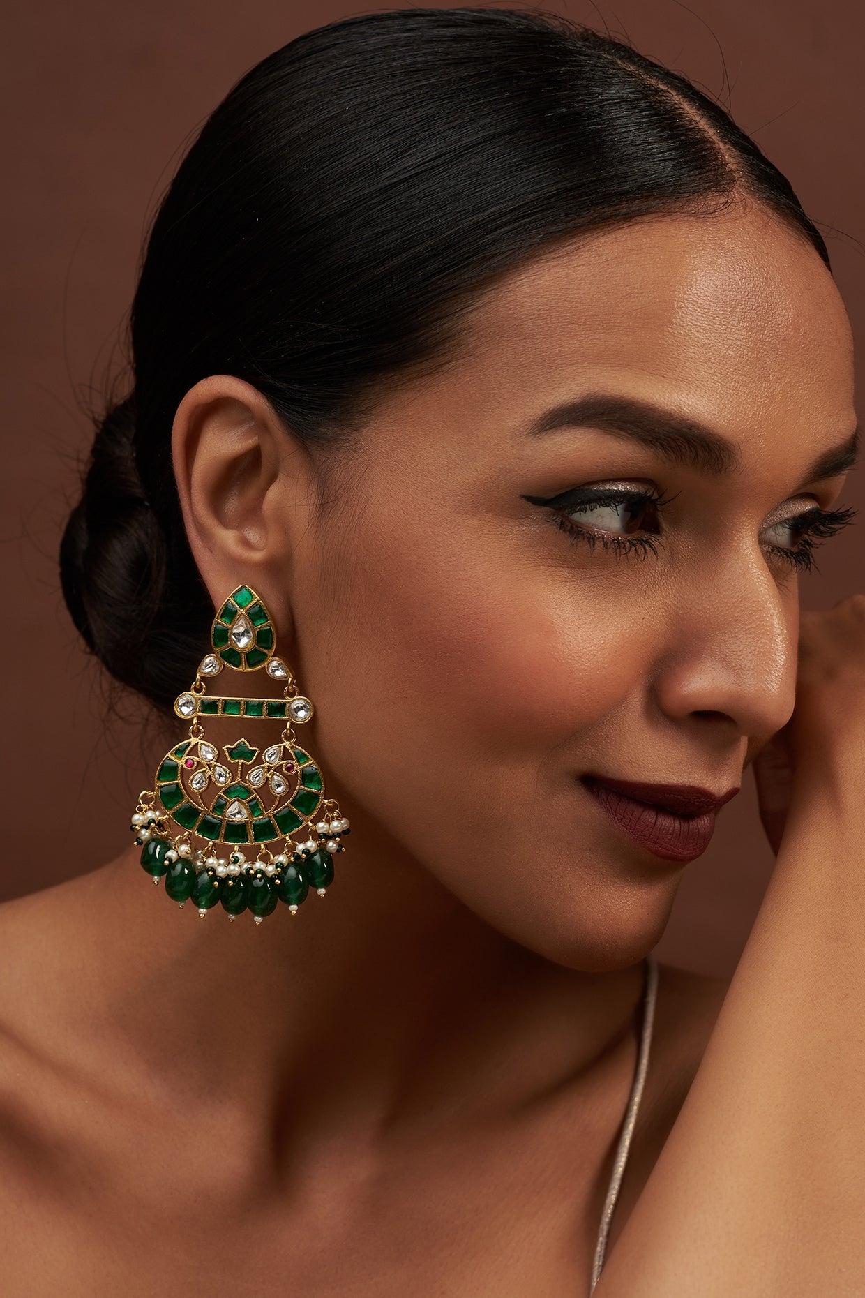 Gold Finish Kundan Polki & Synthetic Emerald Stone Dangler Earrings