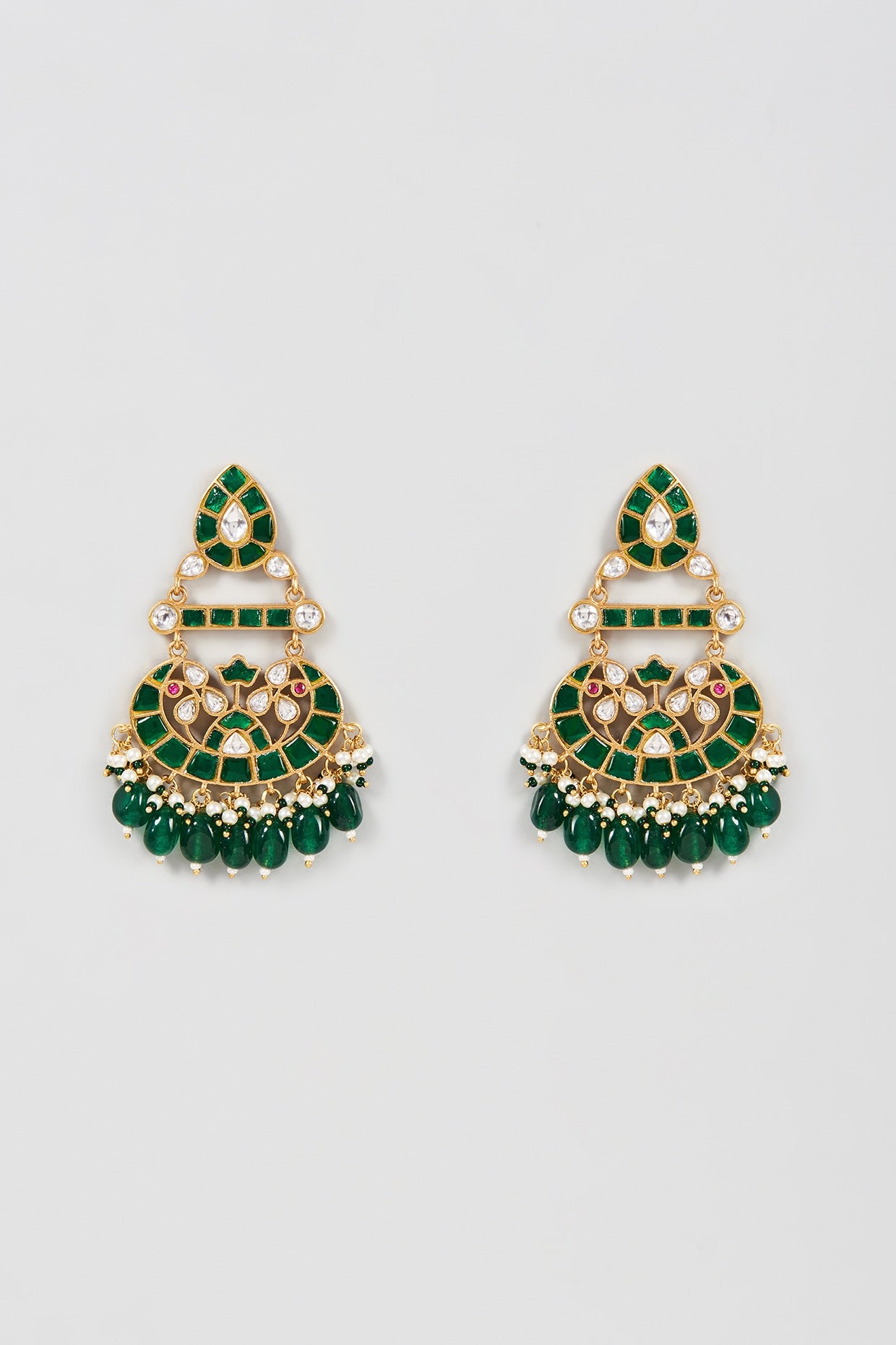 Gold Finish Kundan Polki & Synthetic Emerald Stone Dangler Earrings