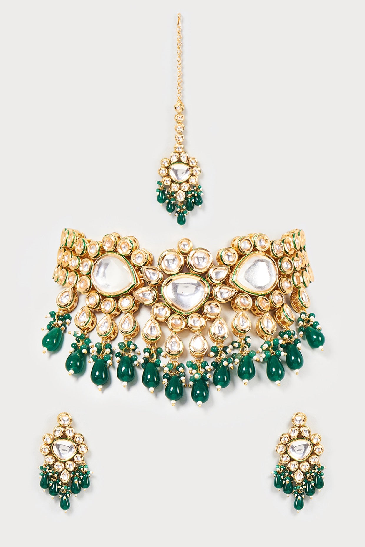 Gold Finish Kundan Polki & Green Beaded Choker Necklace Set