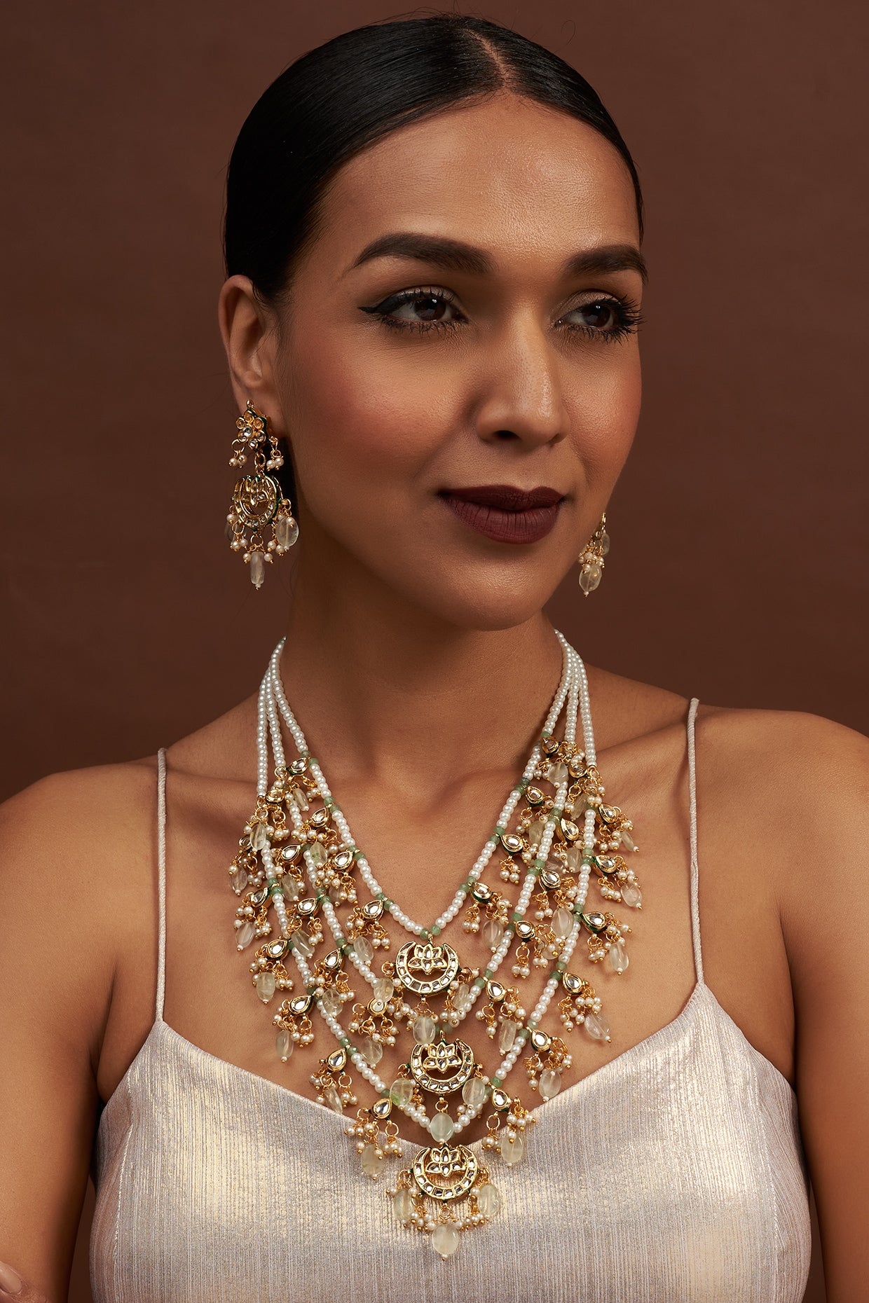 Gold Finish Kundan Polk & Pearl Long Necklace Set