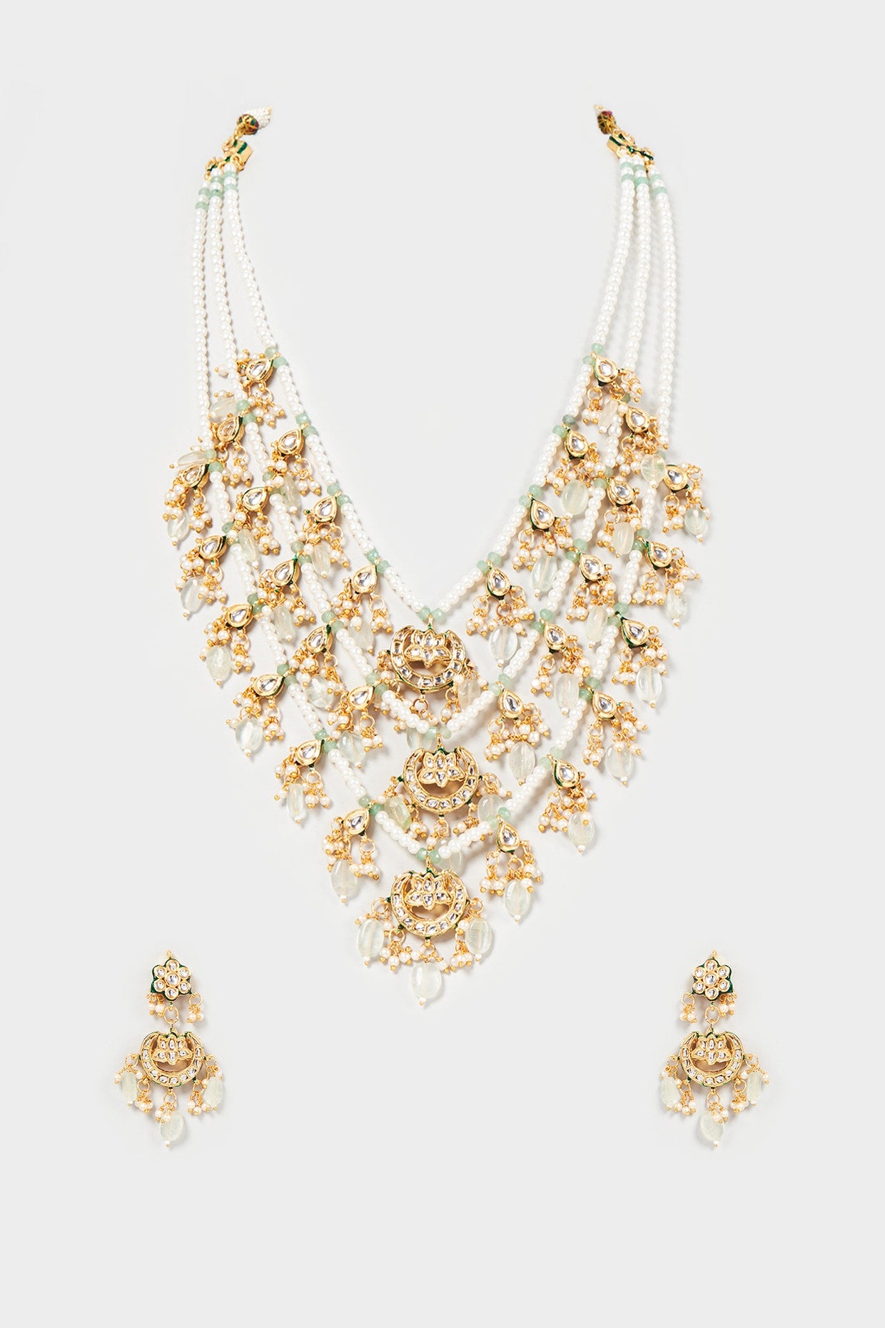 Gold Finish Kundan Polk & Pearl Long Necklace Set