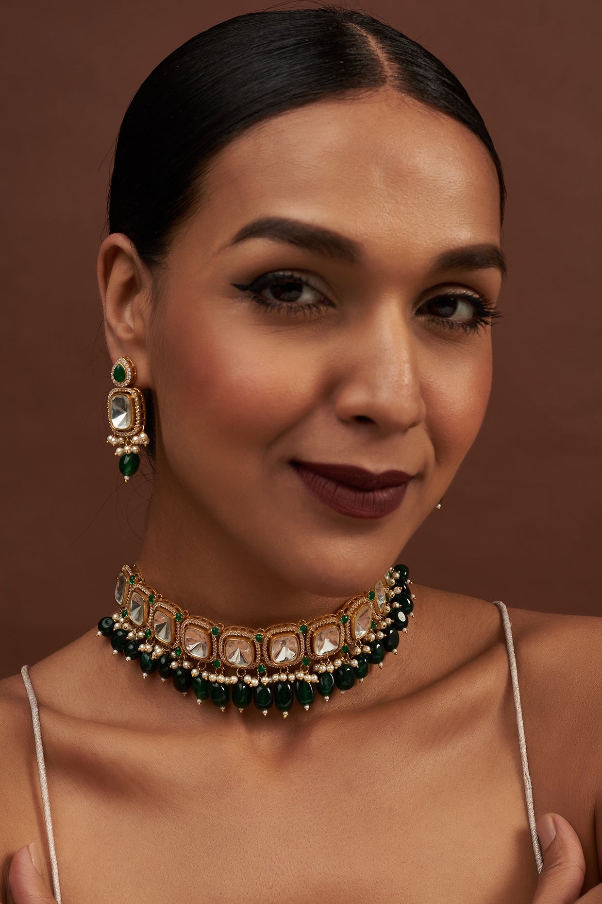 Gold Finish Kundan Polki & Green Beaded Choker Necklace Set