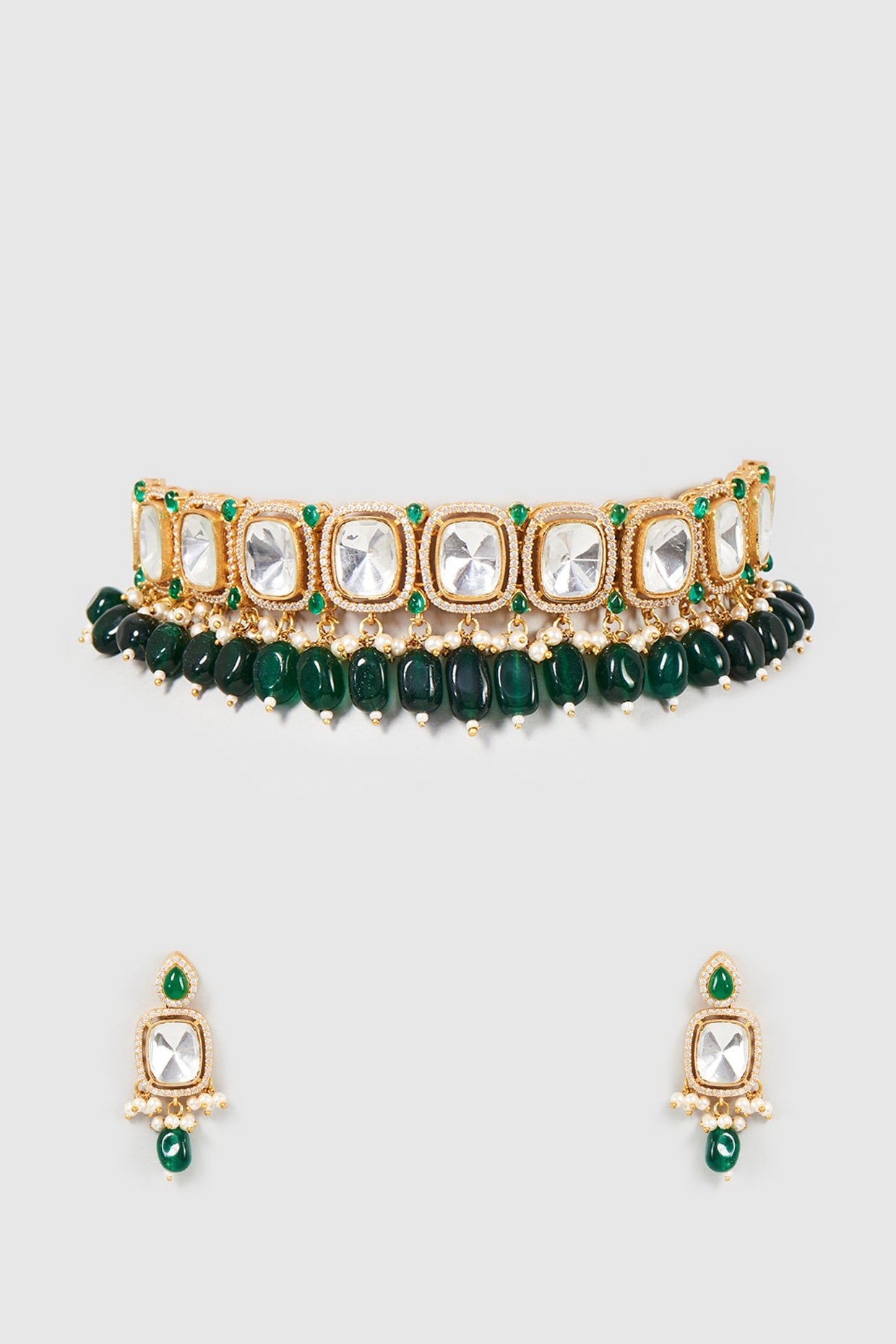 Gold Finish Kundan Polki & Green Beaded Choker Necklace Set