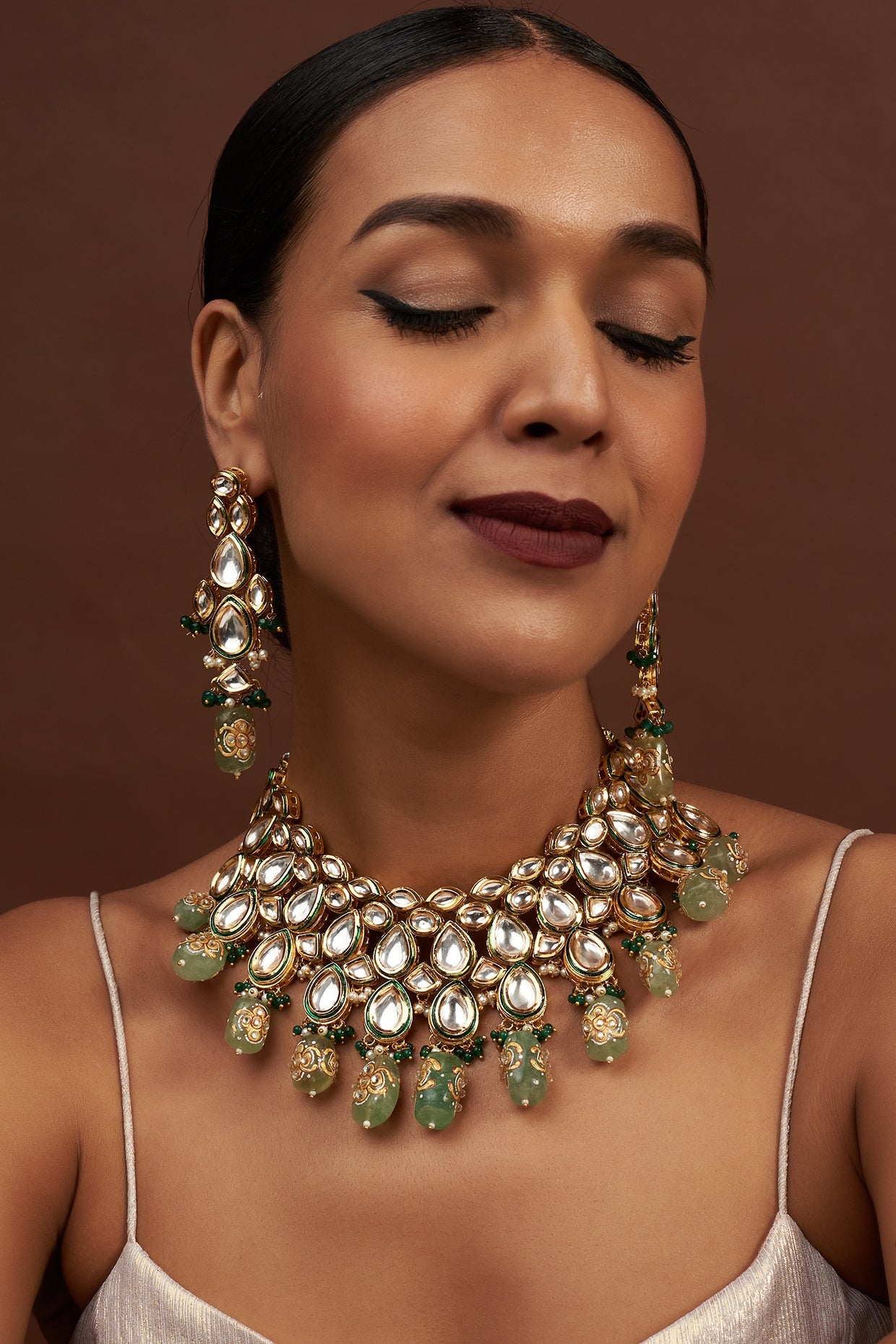 Gold Finish Kundan Polki & Green Beaded Necklace Set