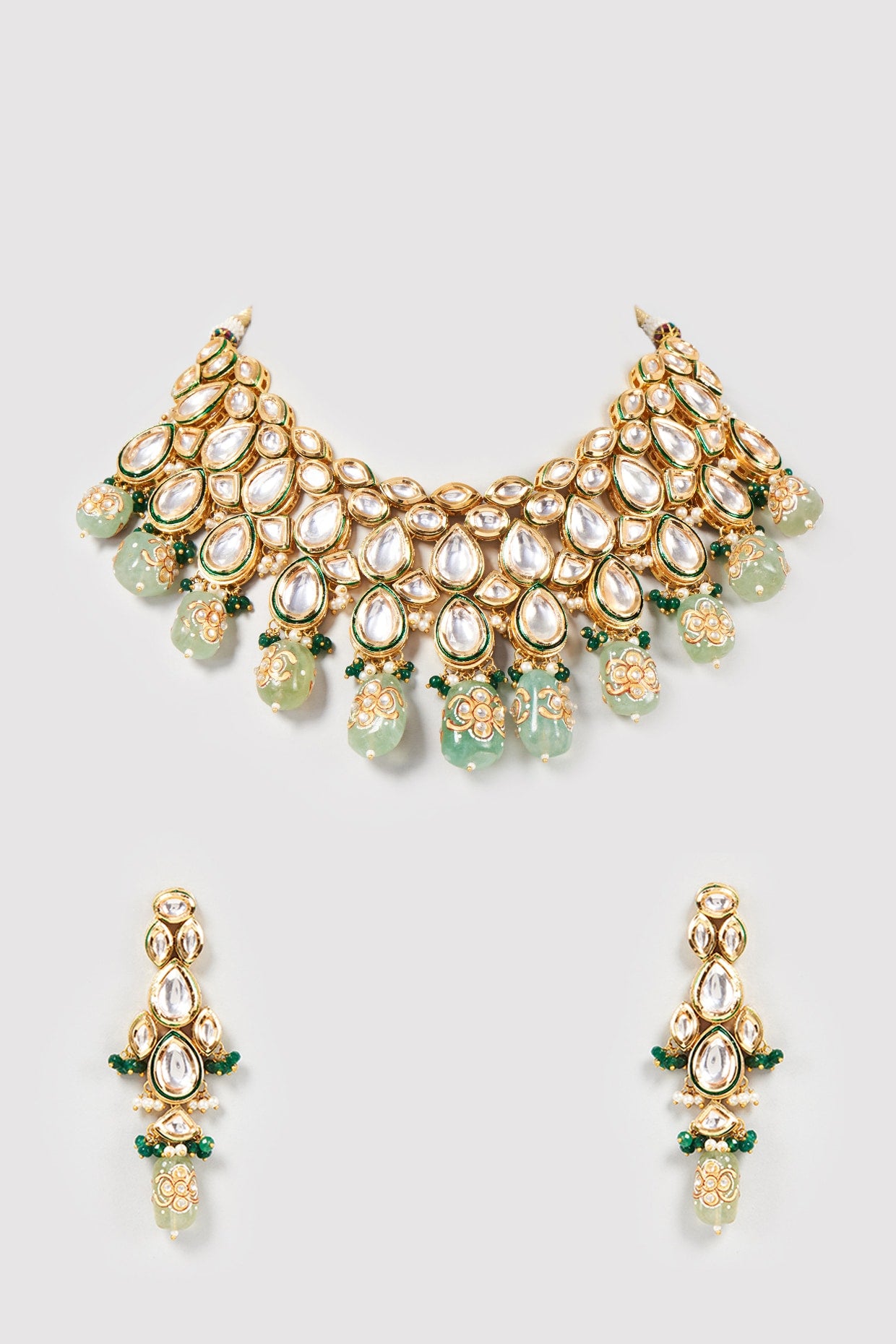 Gold Finish Kundan Polki & Green Beaded Necklace Set