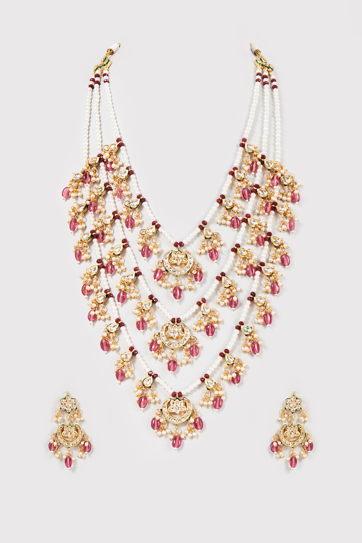 Gold Finish Kundan Polki & Pearl Long Necklace Set