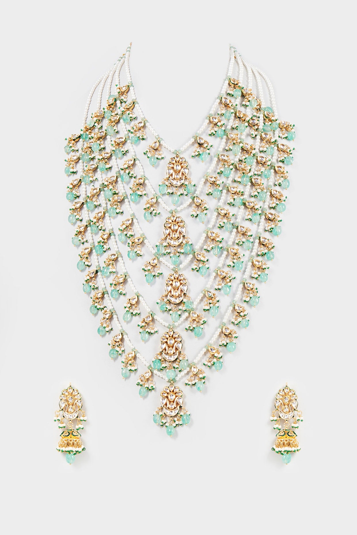 Gold Finish Kundan Polki & Green Stone Long Necklace Set