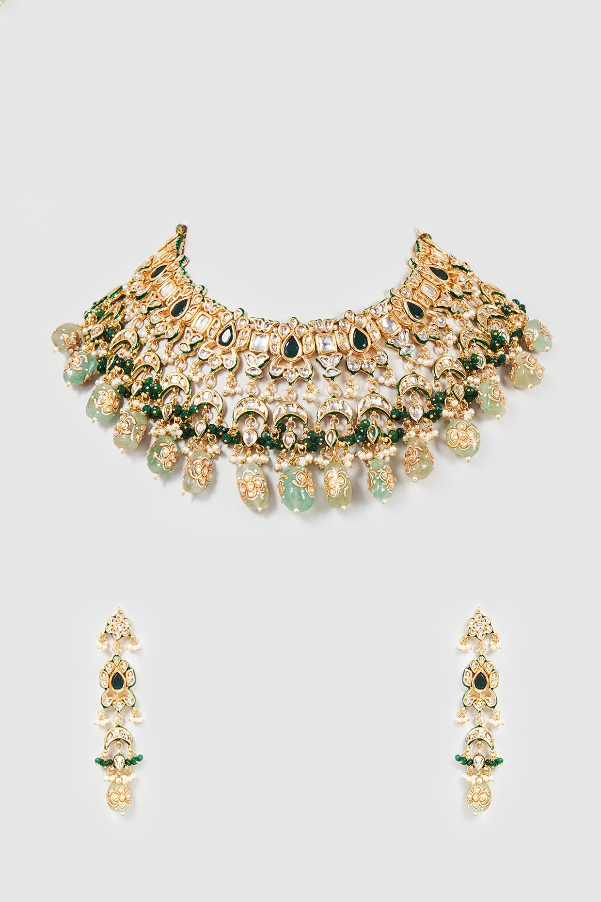 Gold Finish Kundan Polki & Multi-Colored Bead Necklace Set