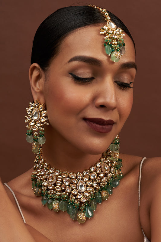 Gold Finish Kundan Polki & Green Beaded Necklace Set