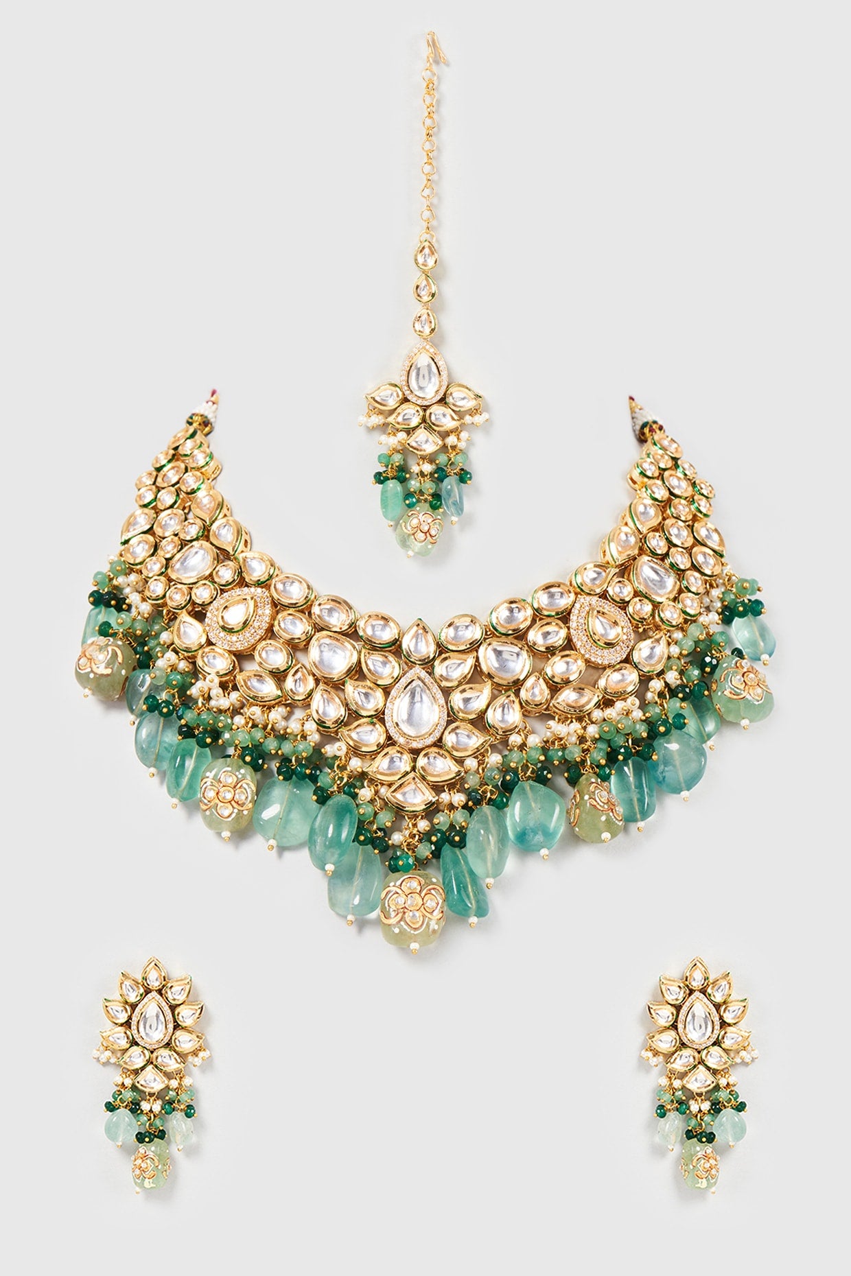 Gold Finish Kundan Polki & Green Beaded Necklace Set