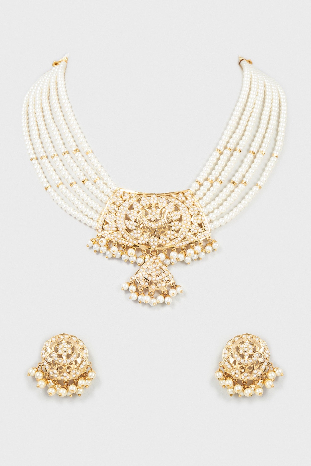 Gold Finish Kundan Polki & Pearl Choker Necklace Set