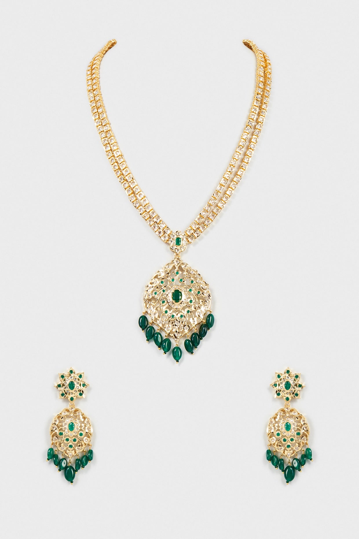 Gold Finish Kundan Polki & Green Synthetic Stone Long Necklace Set