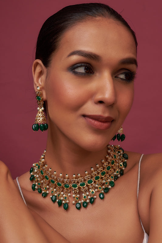 Gold Finish Kundan Polki & Green Synthetic Stone Choker Necklace Set