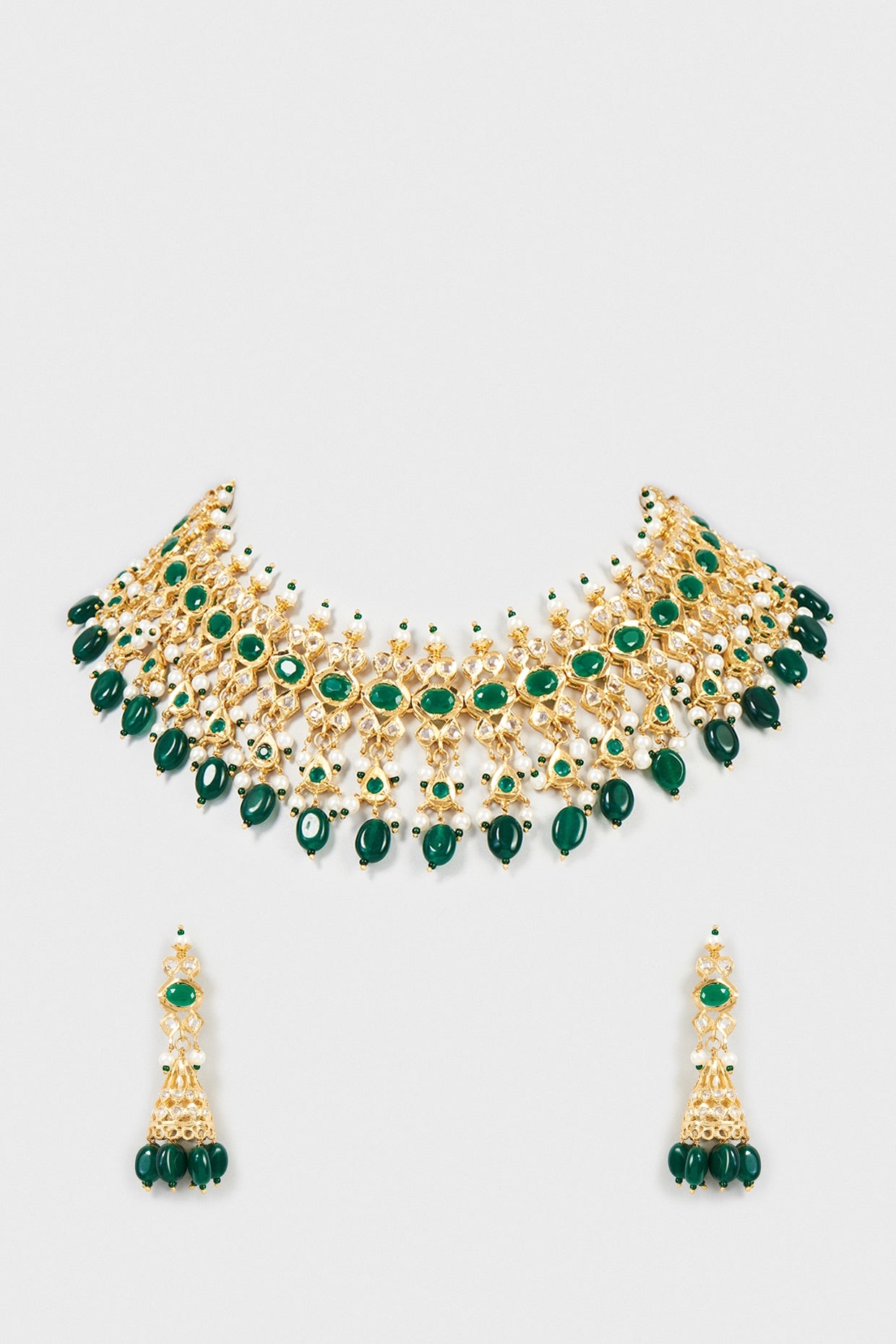 Gold Finish Kundan Polki & Green Synthetic Stone Choker Necklace Set