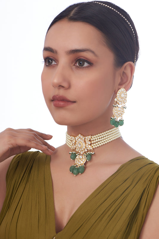 Gold Finish Kundan Polki & Green Beaded Necklace Set