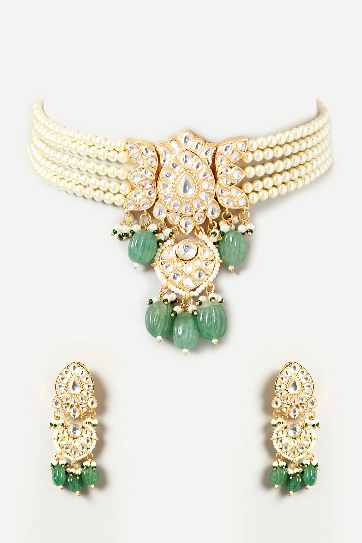 Gold Finish Kundan Polki & Green Beaded Necklace Set