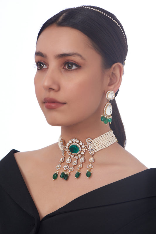 Gold Finish Kundan Polki & Green Stone Choker Necklace Set