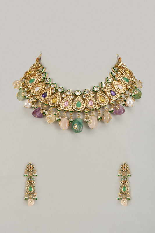 Gold Finish Kundan Polki & Multi-Colored Stone Necklace Set