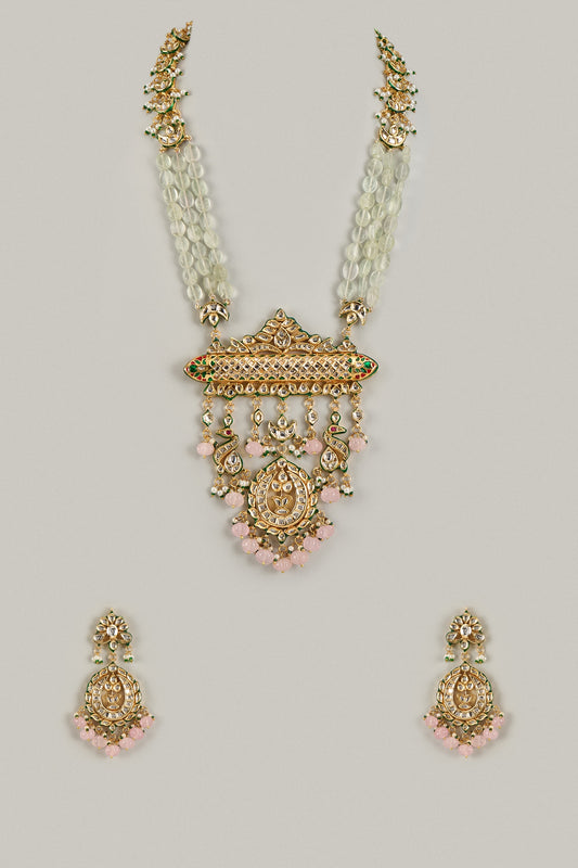 Gold Finish Kundan Polki & Green Stone Long Necklace Set