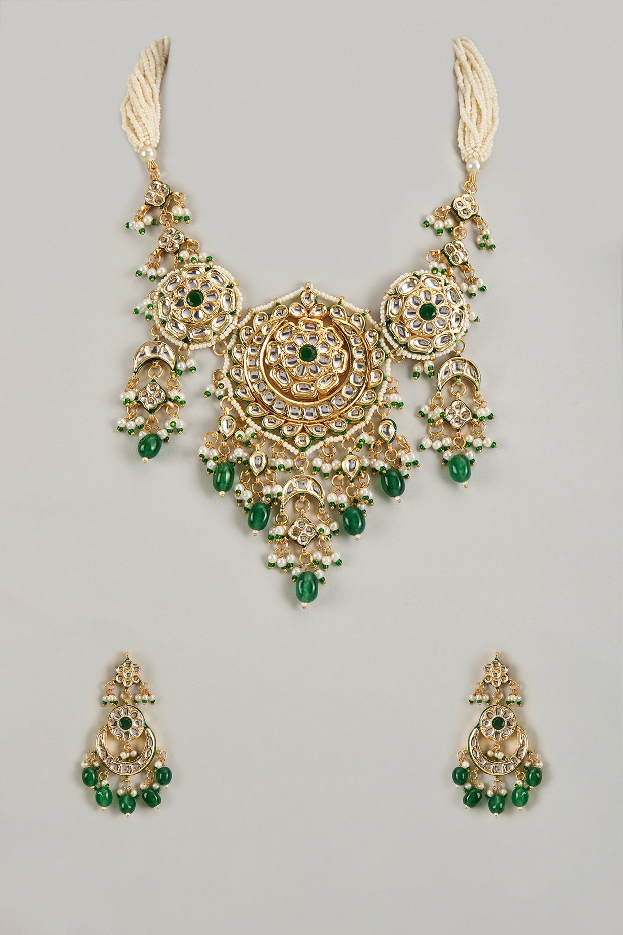 Gold Finish Kundan Polki & Emerald Green Synthetic Stone Necklace Set