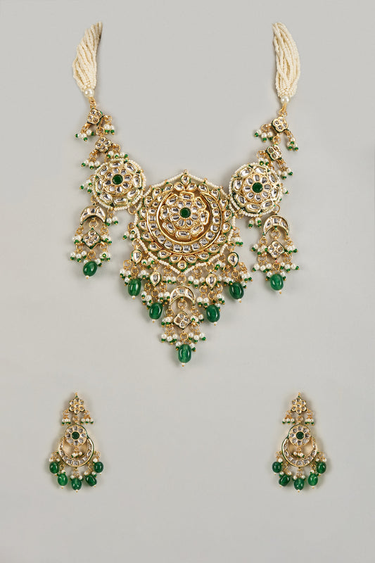 Gold Finish Kundan Polki & Emerald Green Synthetic Stone Necklace Set