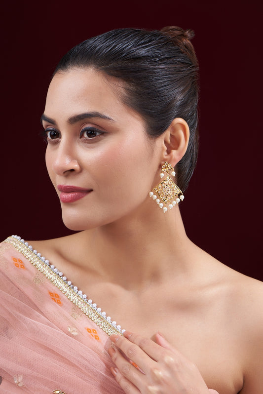 Gold Finish Kundan Polki & Pearl Dangler Earrings