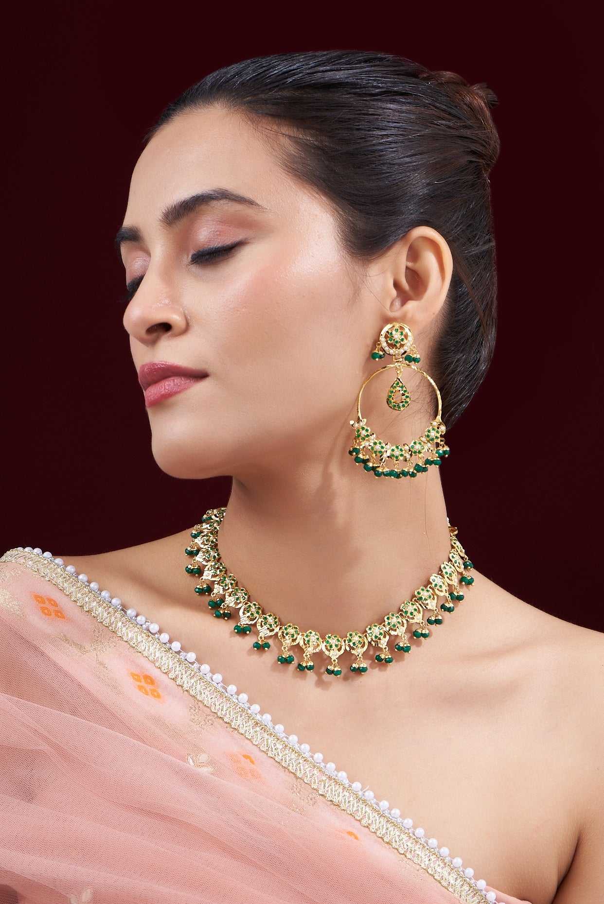 Gold Finish Kundan Polki & Green Beaded Necklace Set