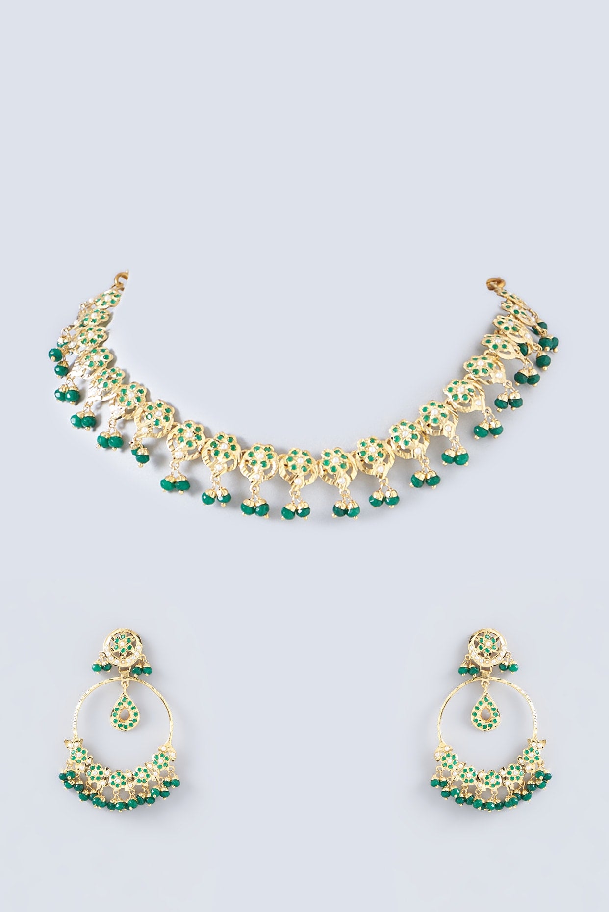 Gold Finish Kundan Polki & Green Beaded Necklace Set