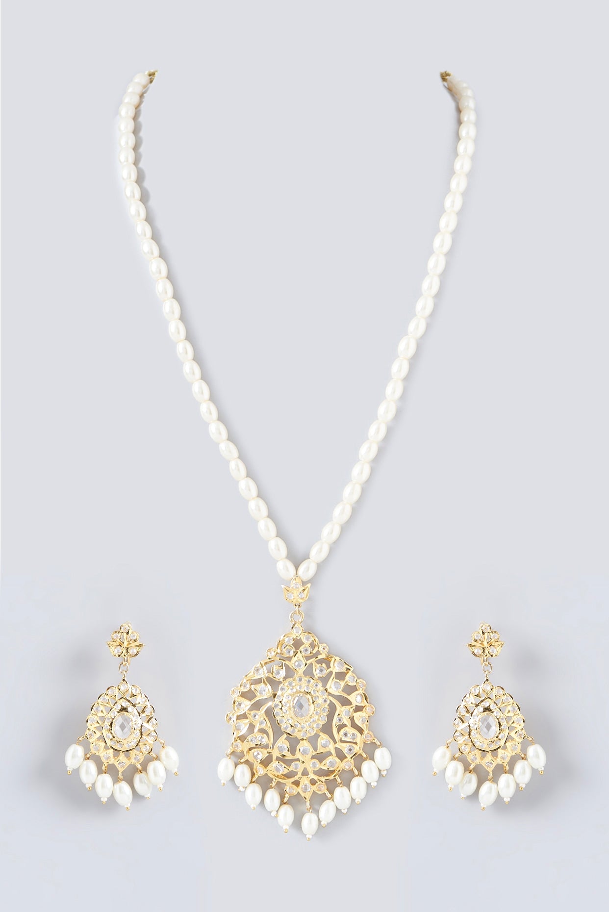 Gold Finish Kundan Polki & Pearl Long Necklace Set