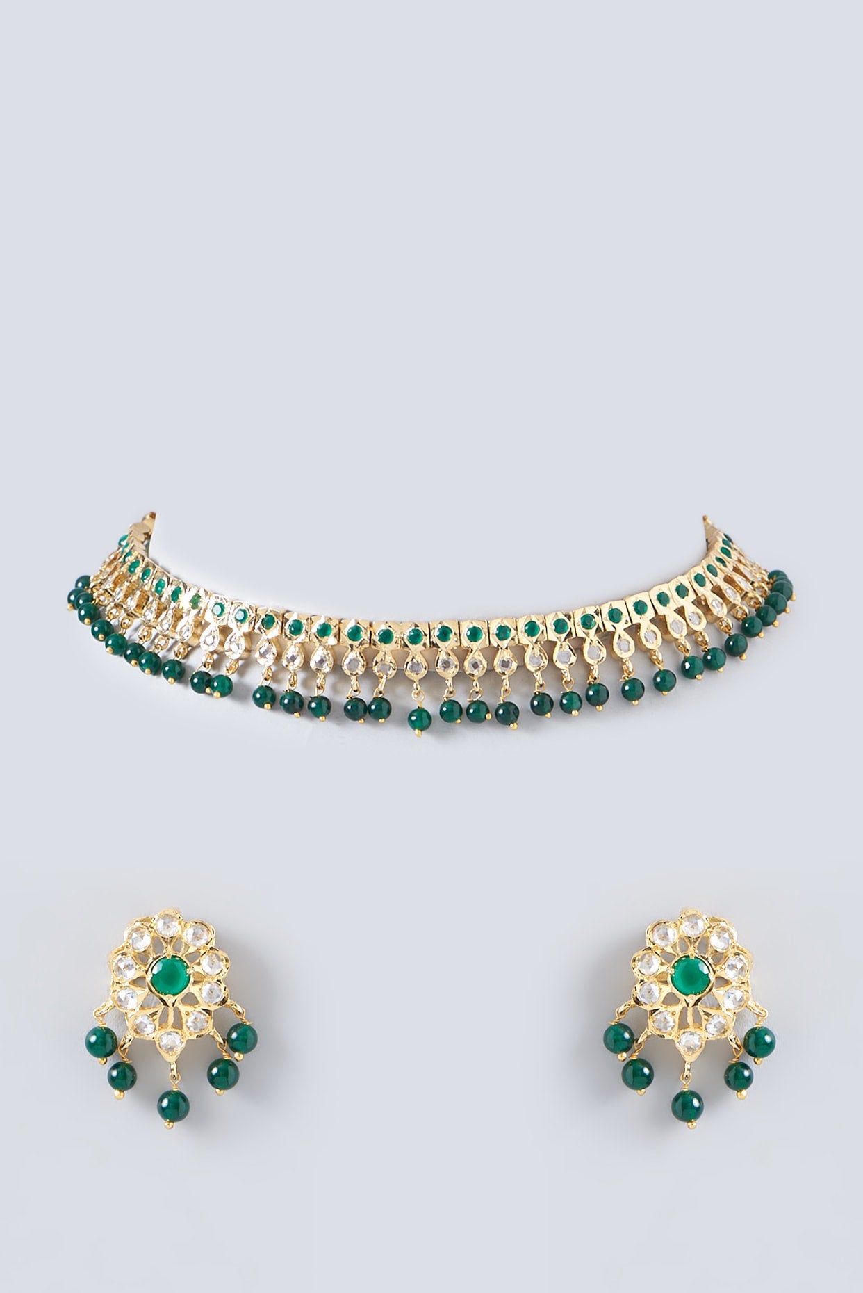 Gold Finish Kundan Polki & Green Beaded Necklace Set