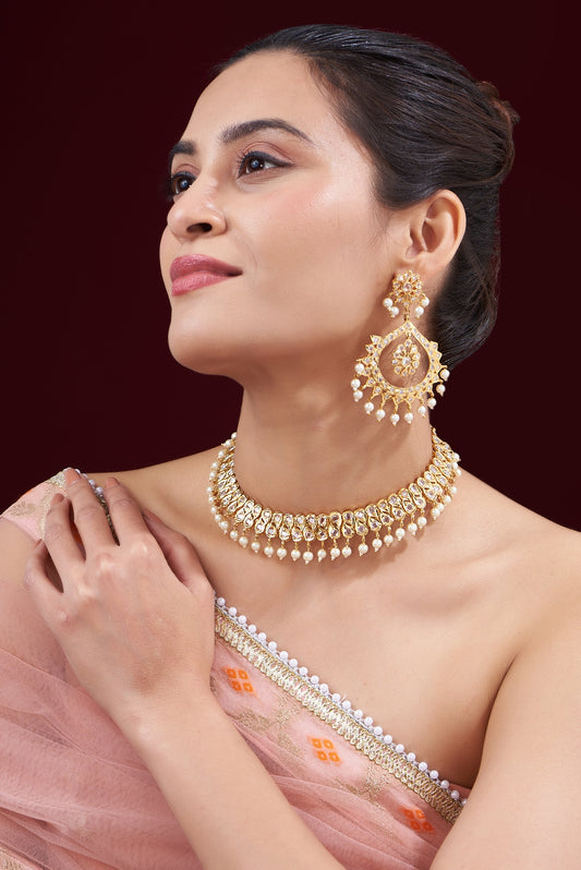 Gold Finish Kundan Polki & Pearl Necklace Set