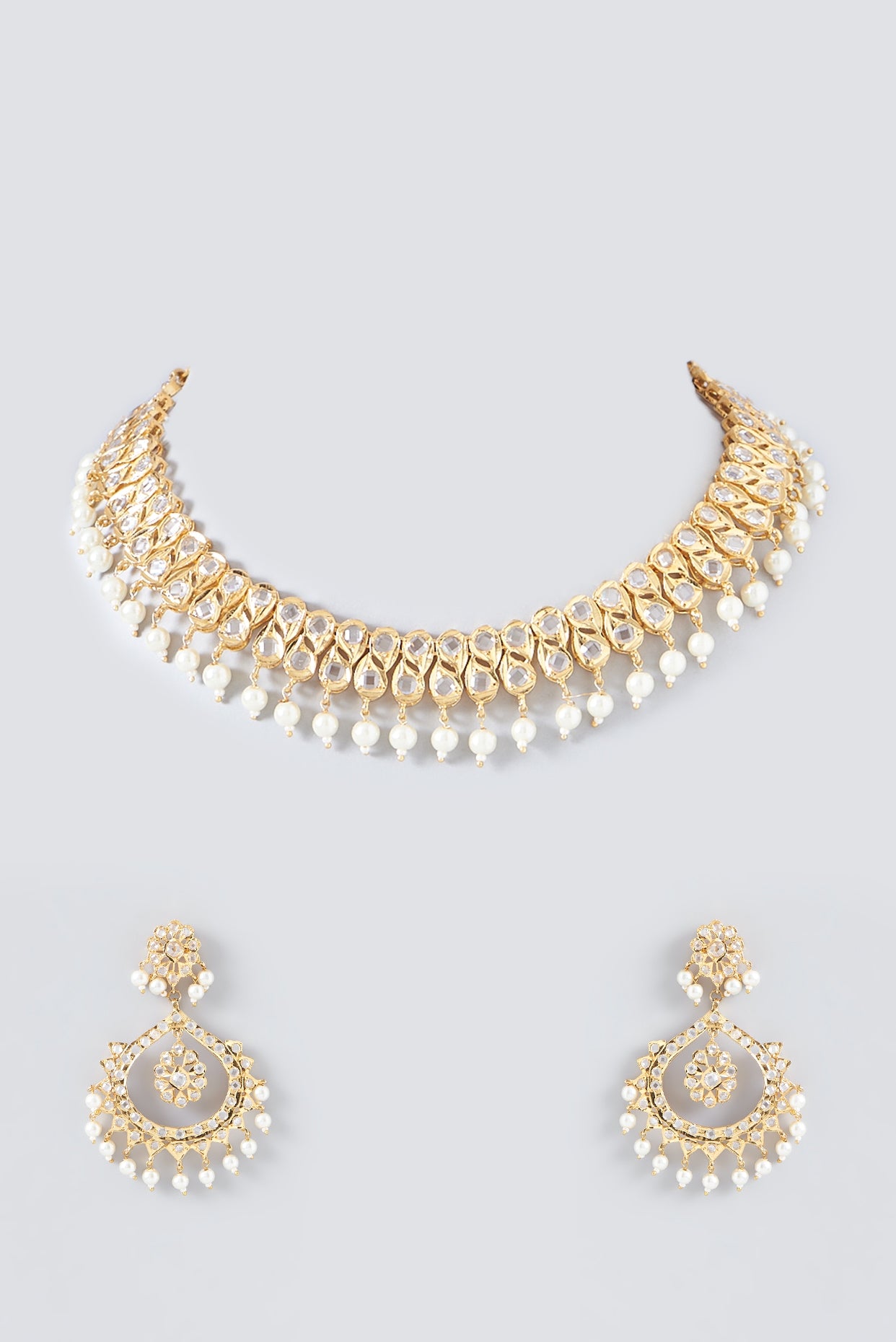 Gold Finish Kundan Polki & Pearl Necklace Set