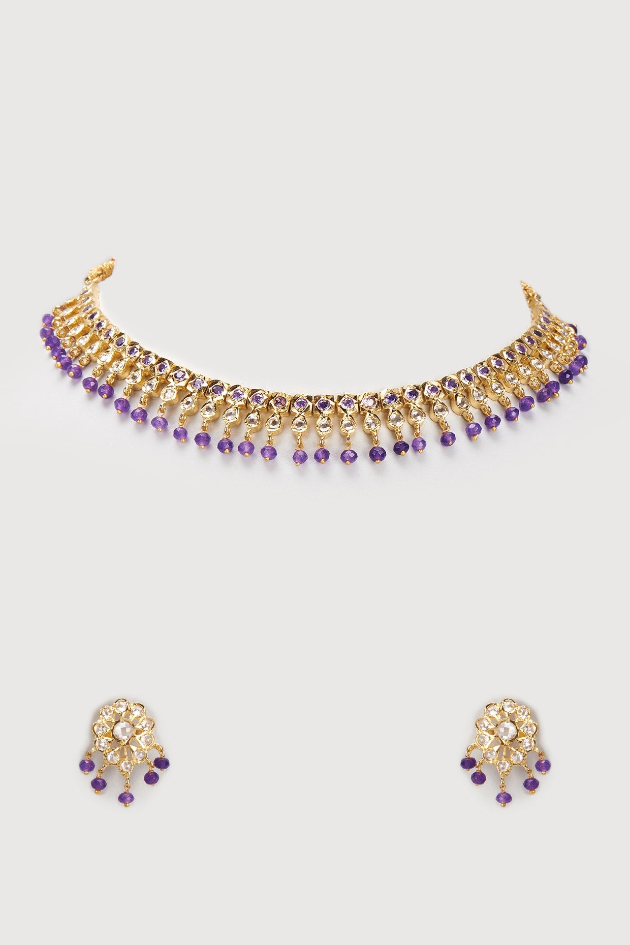 Gold Finish Kundan Polki & Purple Stone Necklace Set