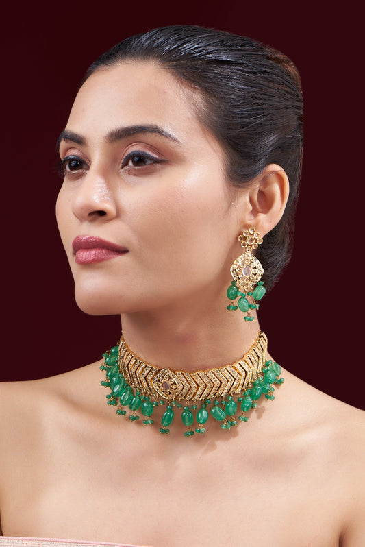 Gold Finish Kundan Polki & Green Beaded Choker Necklace Set