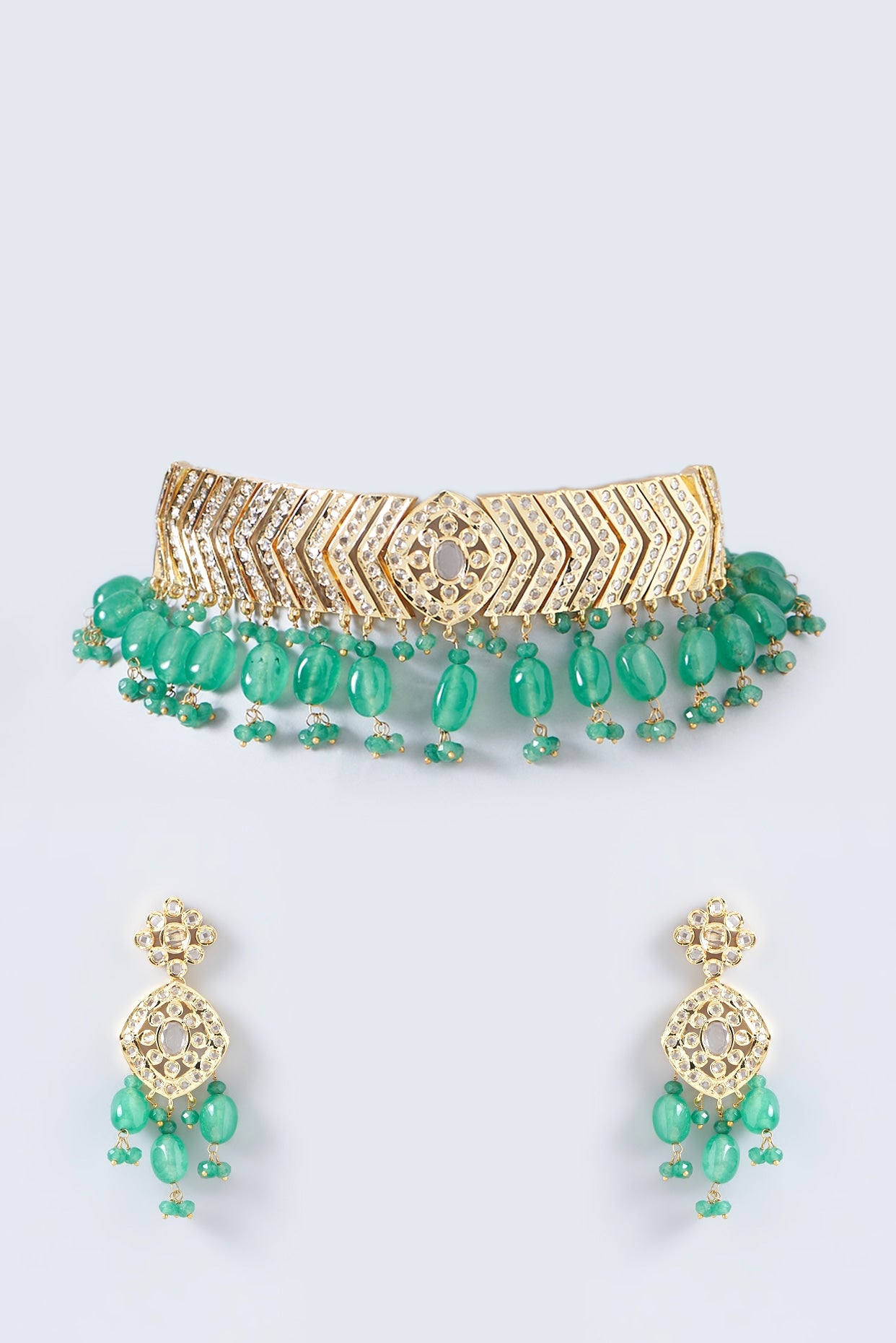 Gold Finish Kundan Polki & Green Beaded Choker Necklace Set