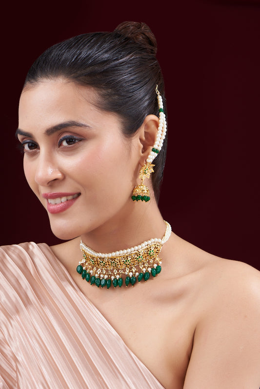 Gold Finish Kundan Polki & Green Beaded Choker Necklace Set