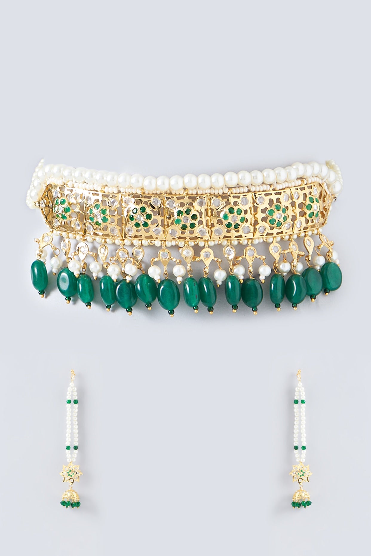 Gold Finish Kundan Polki & Green Beaded Choker Necklace Set