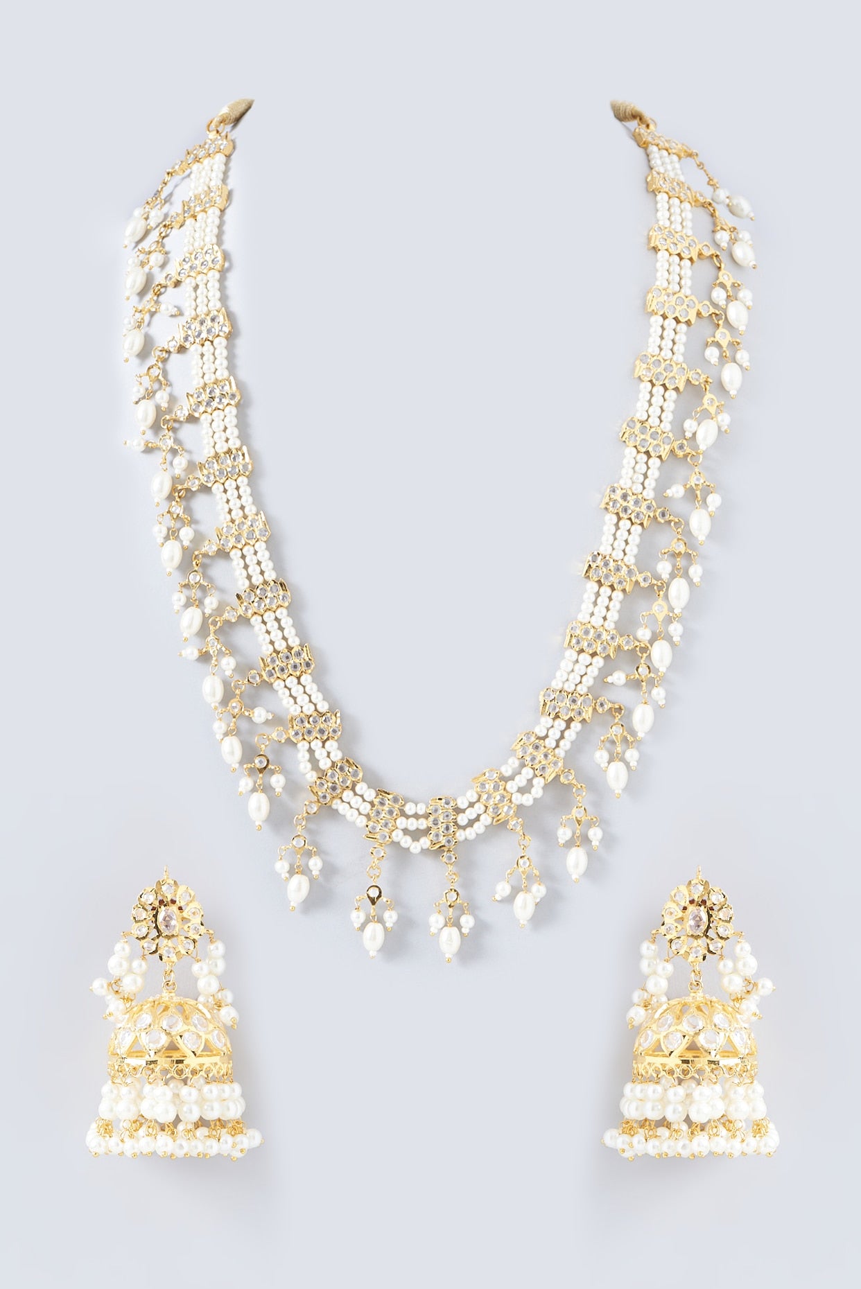 Gold Finish Kundan Polki & Pearl Long Necklace Set