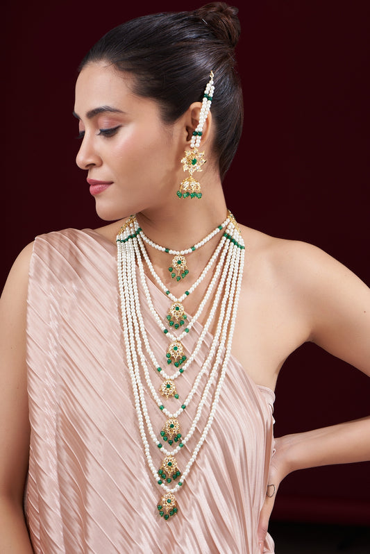 Gold Finish Kundan Polki & Emerald Stone Long Necklace Set