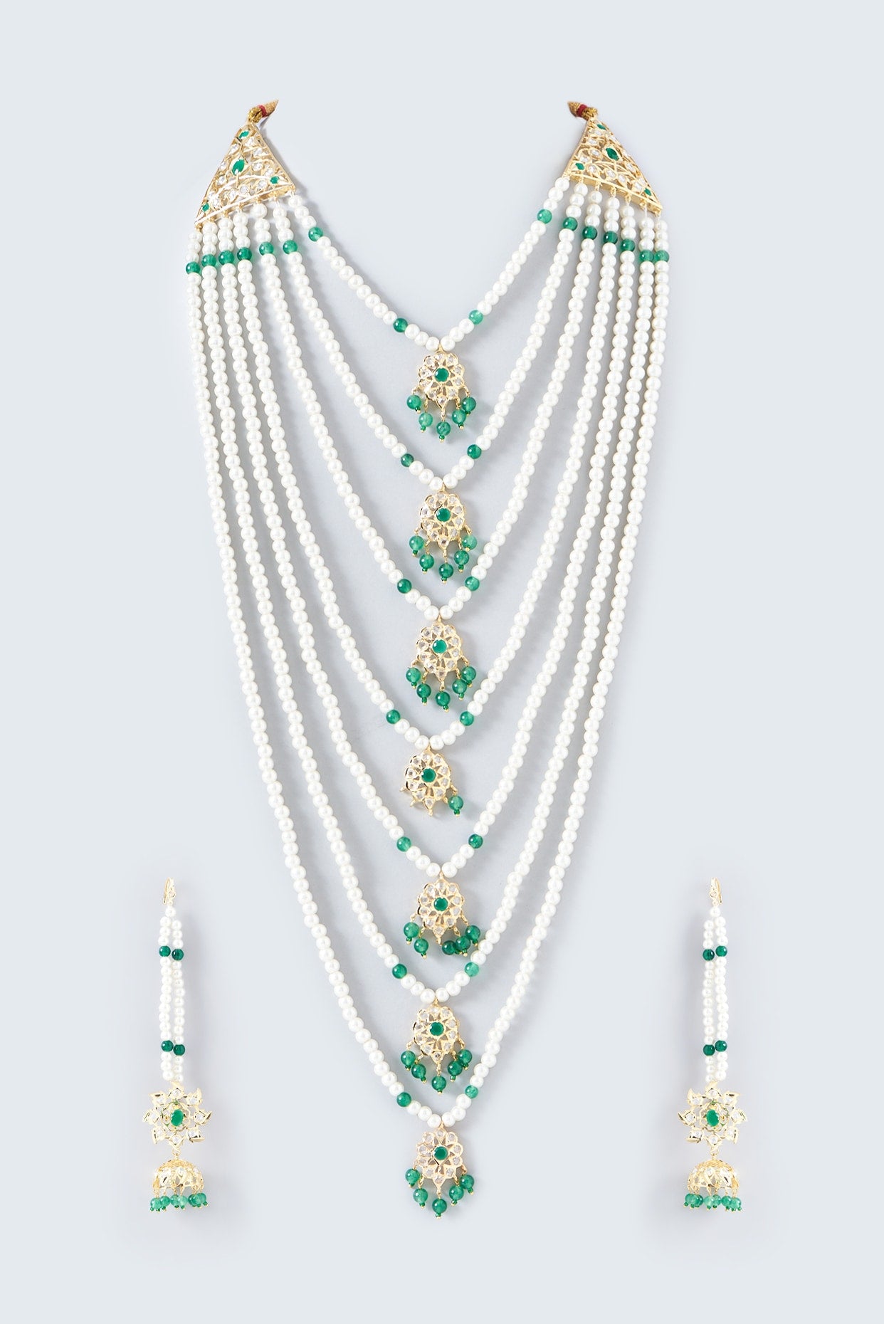 Gold Finish Kundan Polki & Emerald Stone Long Necklace Set