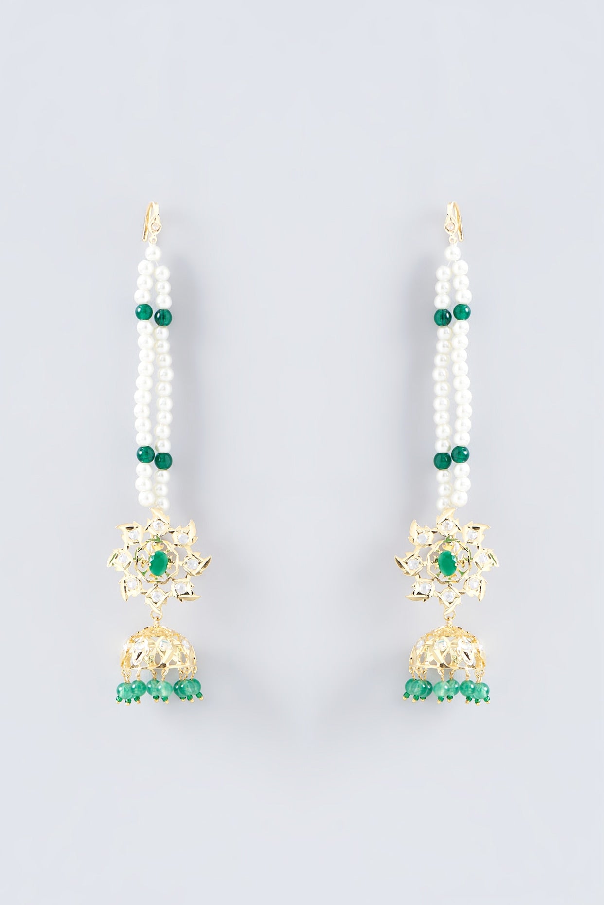 Gold Finish Kundan Polki & Emerald Stone Long Necklace Set