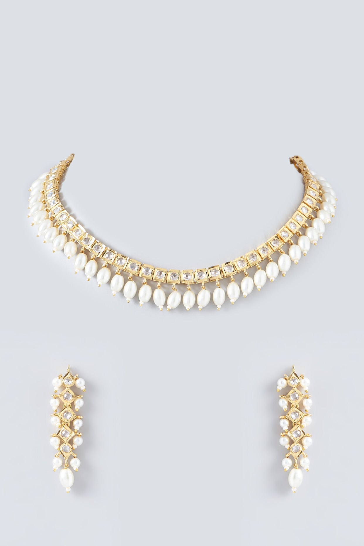 Gold Finish Kundan Polki & Pearl Necklace Set