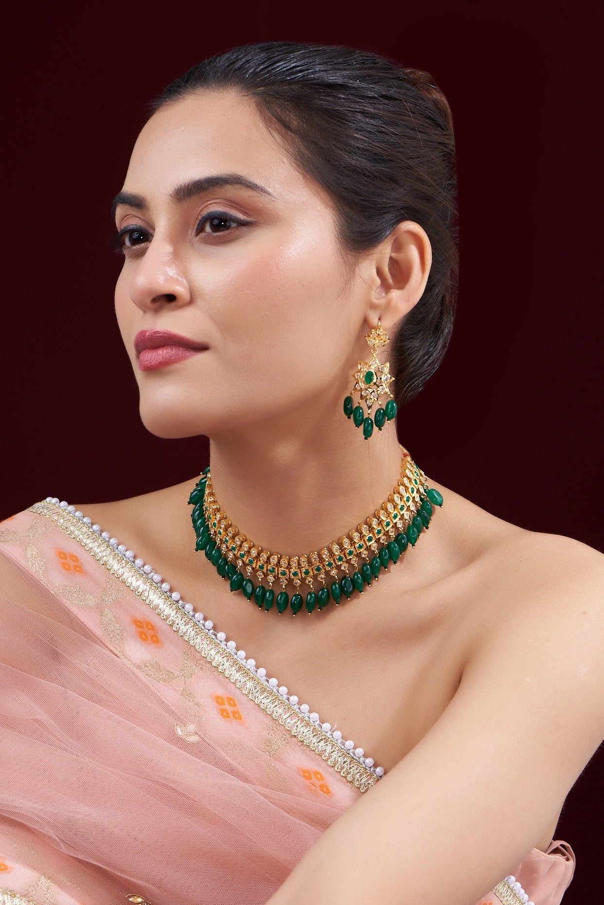 Gold Finish Kundan Polki & Green Beaded Choker Necklace Set