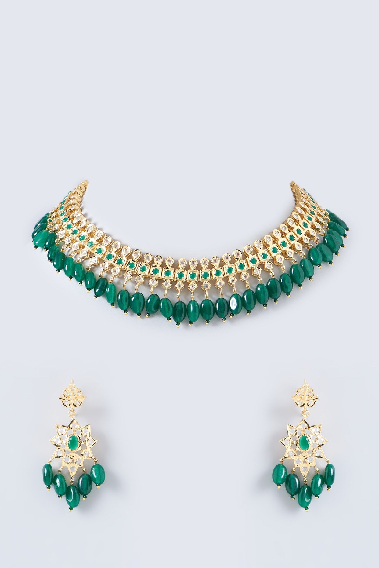 Gold Finish Kundan Polki & Green Beaded Choker Necklace Set