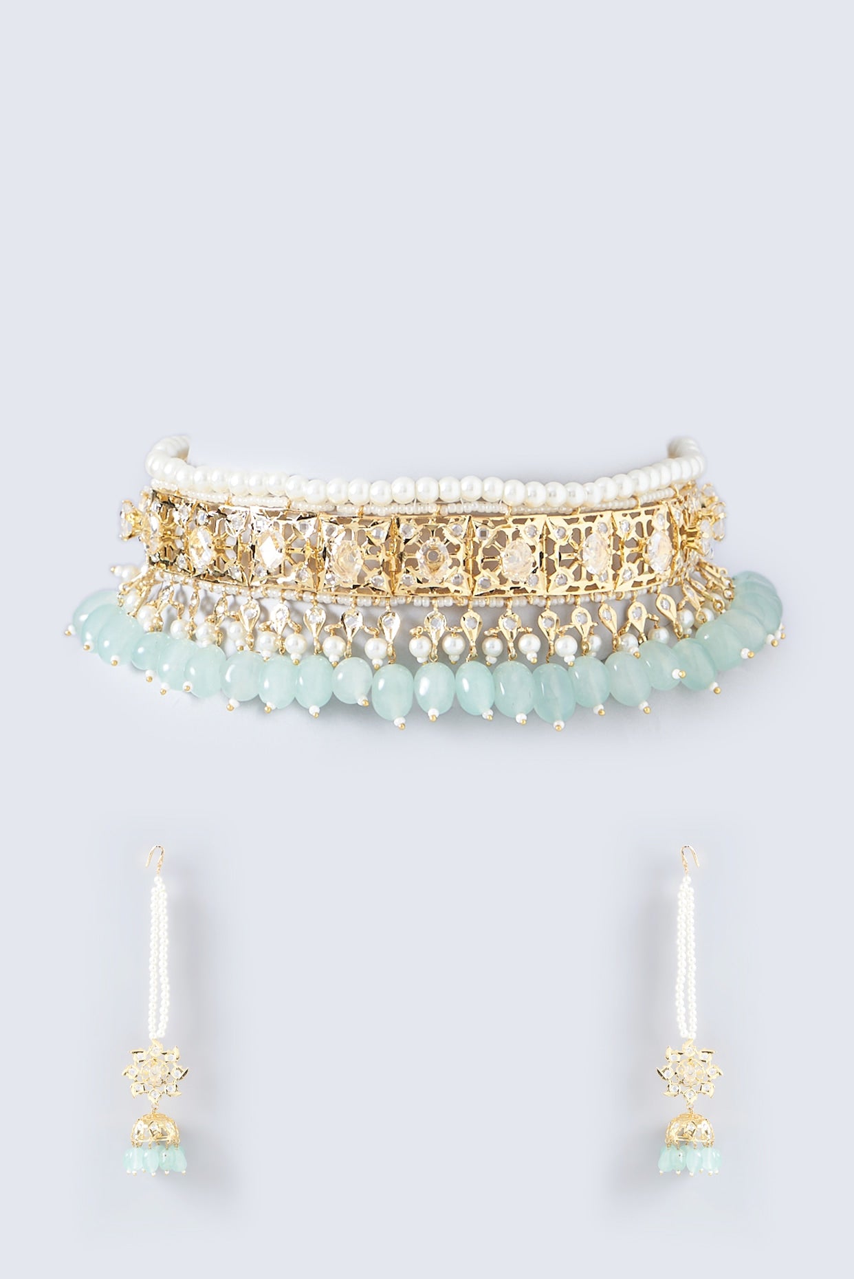 Gold Finish Kundan Polki & Aqua Beaded Choker Necklace Set