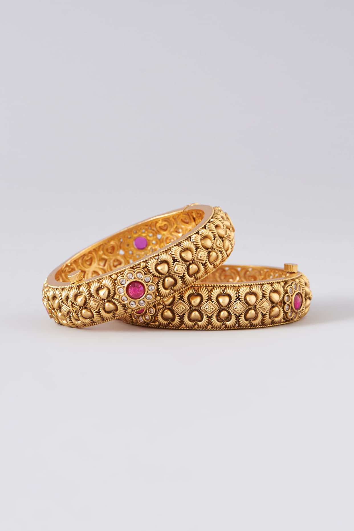 Gold Finish Kundan Polki & Red Stone Bangles (Set of 2)