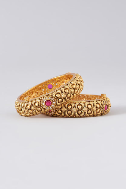 Gold Finish Kundan Polki & Red Stone Bangles (Set of 2)