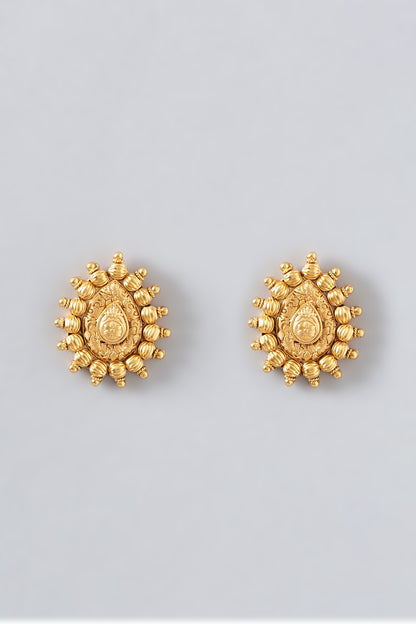 Gold Finish Kundan Polki & Red Stone Temple Stud Earrings